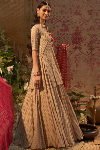 Beige Mogra Printed Embroidered Kurta & Skirt Set