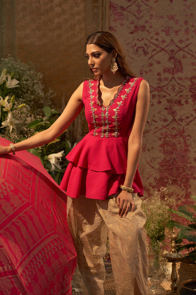 Rani Pink Double Peplum Top with Dhoti