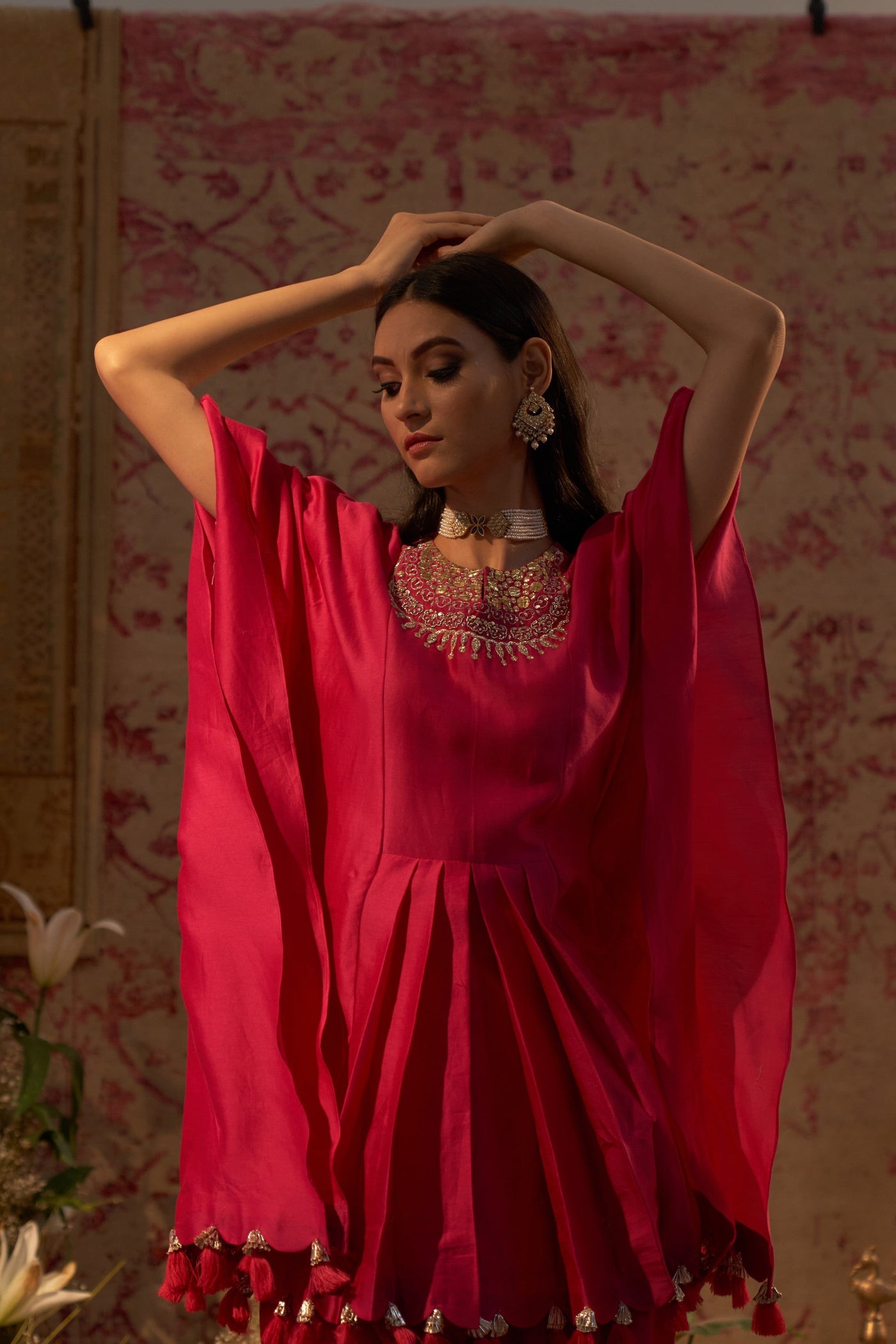 Rani Pink Embroidered Kaftan Kurta & Dhoti