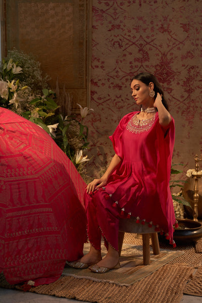 Rani Pink Embroidered Kaftan Kurta & Dhoti
