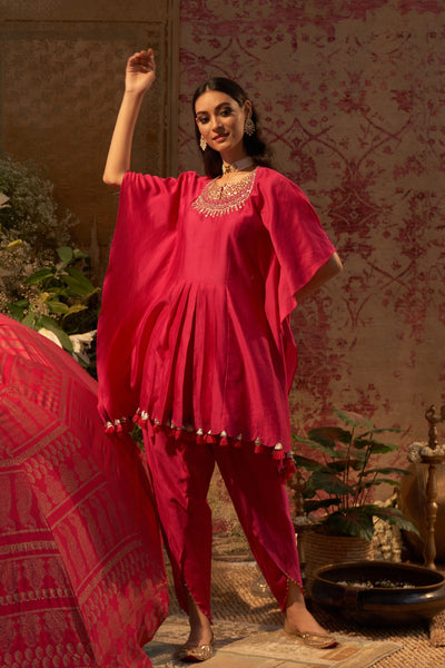 Rani Pink Embroidered Kaftan Kurta & Dhoti