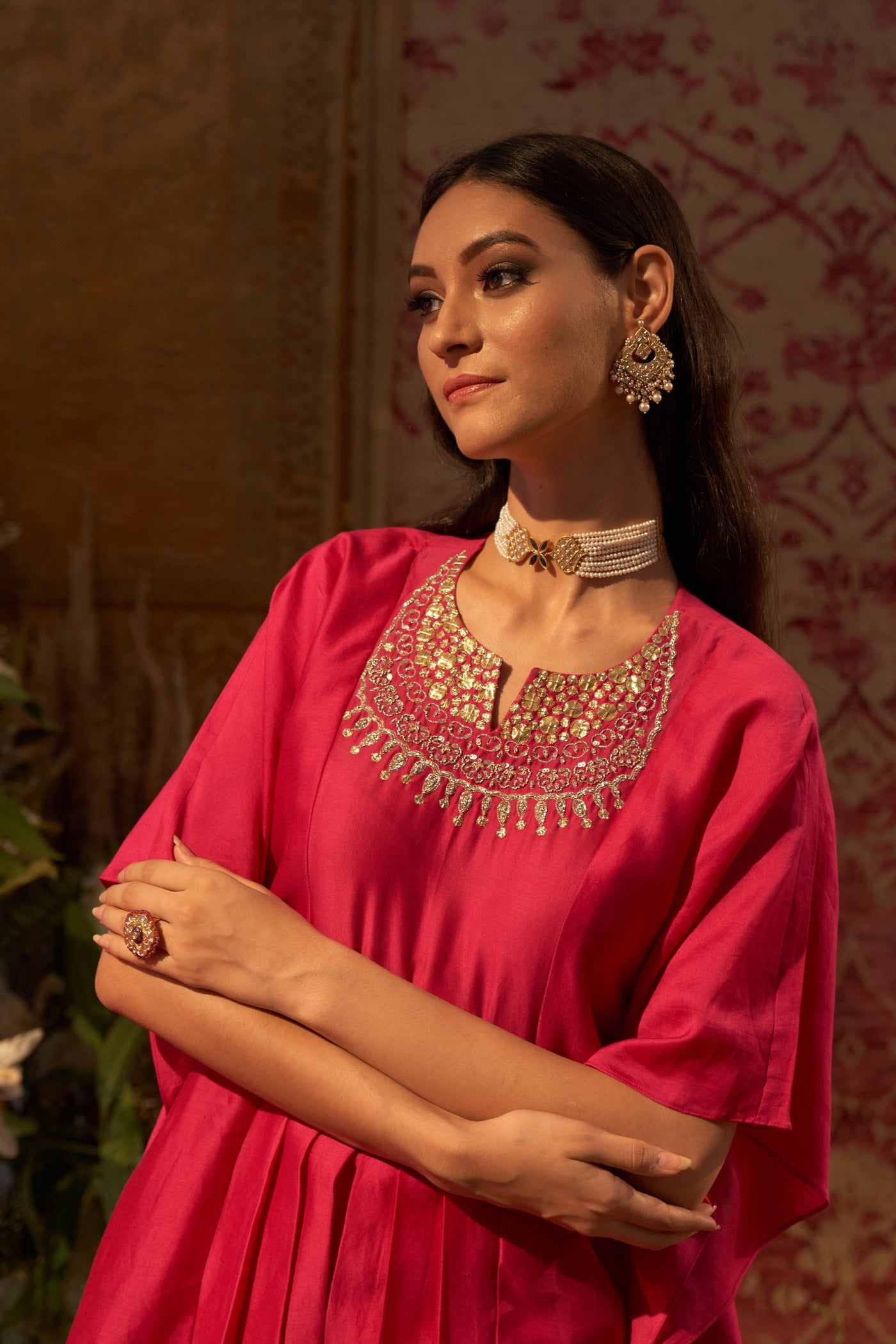 Rani Pink Embroidered Kaftan Kurta & Dhoti