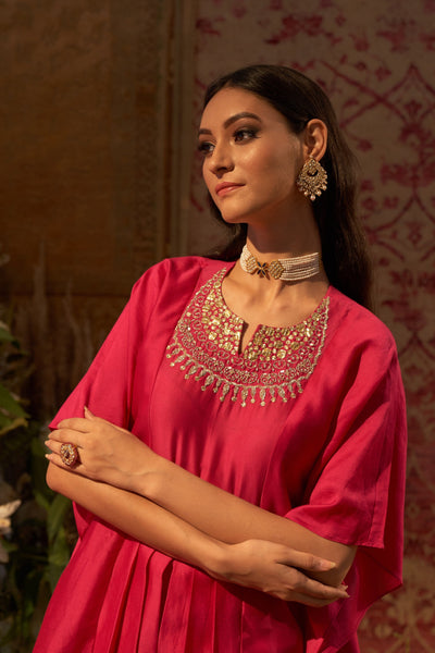 Rani Pink Embroidered Kaftan Kurta & Dhoti