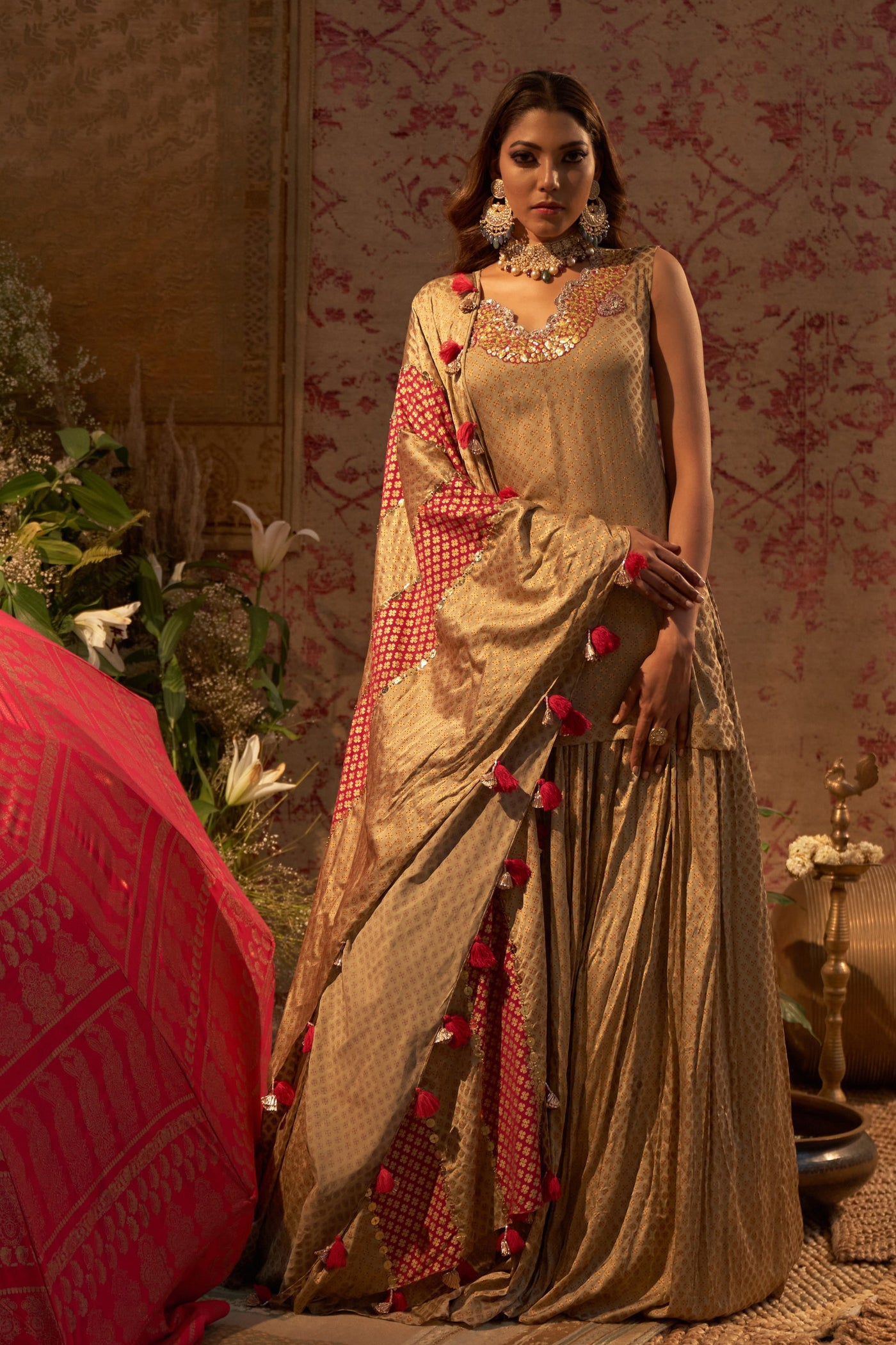 Gold Mogra Print Kurta & Skirt Set