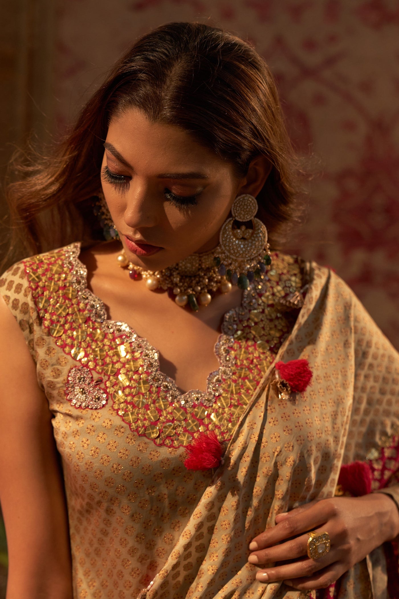 Gold Mogra Print Kurta & Skirt Set