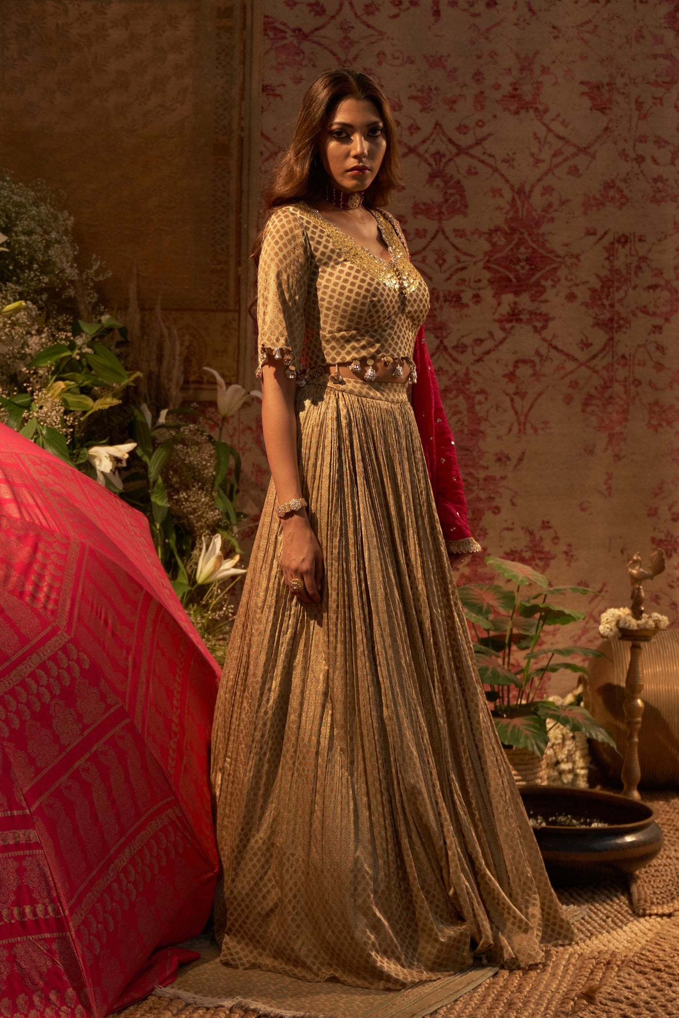 Gold Mogra Print Lehenga Set