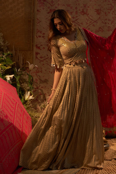 Gold Mogra Print Lehenga Set