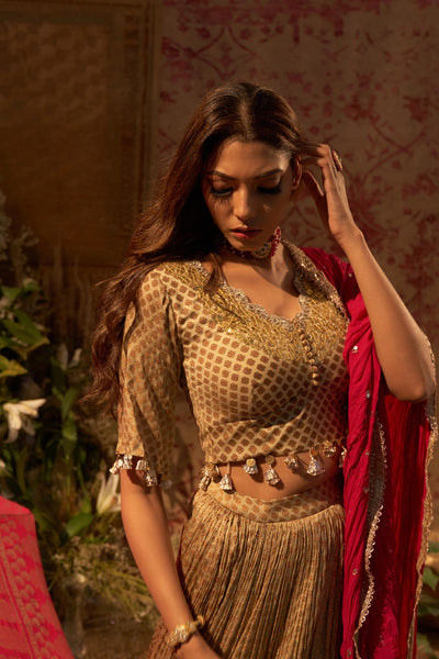 Gold Mogra Print Lehenga Set