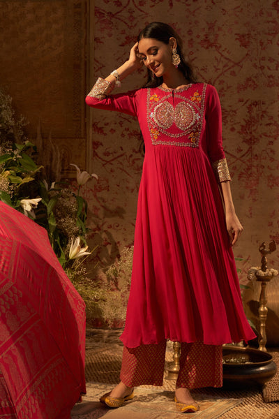 Rani Pink Embroidered Pleated Kurta
