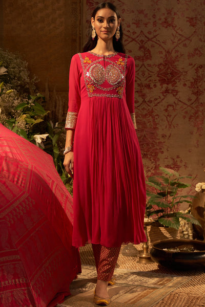 Rani Pink Embroidered Pleated Kurta
