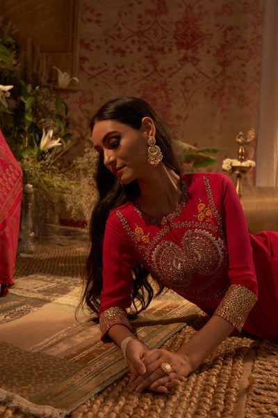 Rani Pink Embroidered Pleated Kurta