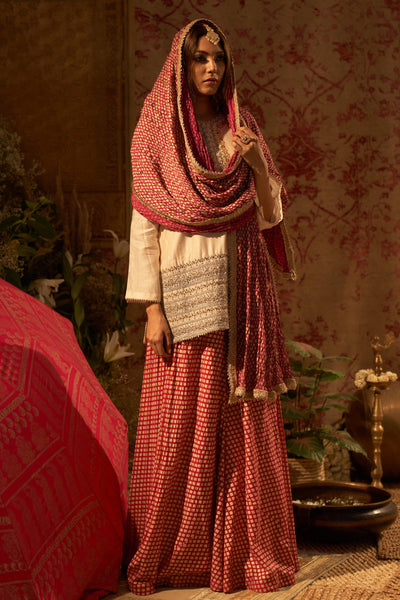 Beige Embroidered Kurta & Mogra Print Flared Pants
