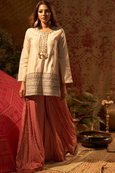 Beige Embroidered Kurta & Mogra Print Flared Pants