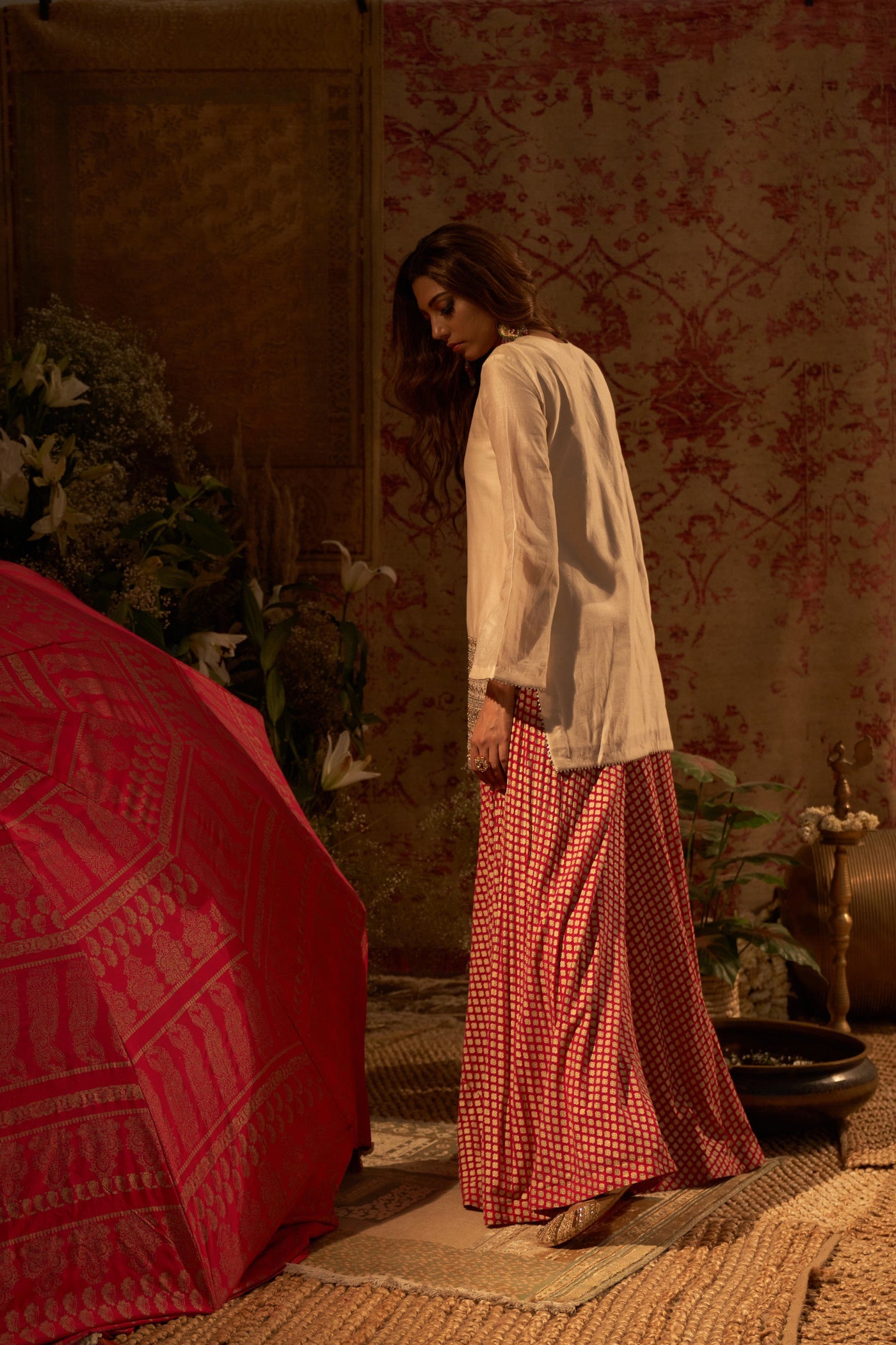 Beige Embroidered Kurta & Mogra Print Flared Pants