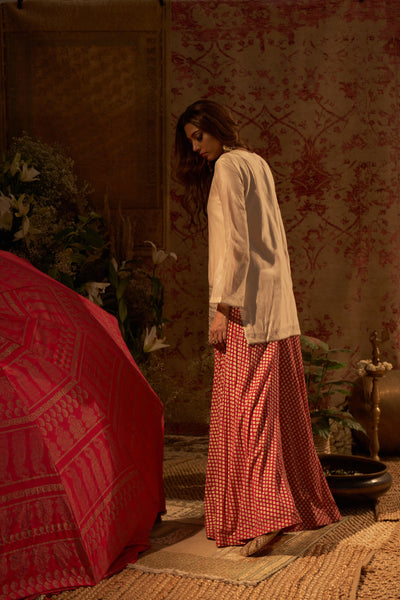 Beige Embroidered Kurta & Mogra Print Flared Pants