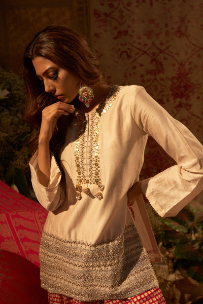 Beige Embroidered Kurta & Mogra Print Flared Pants