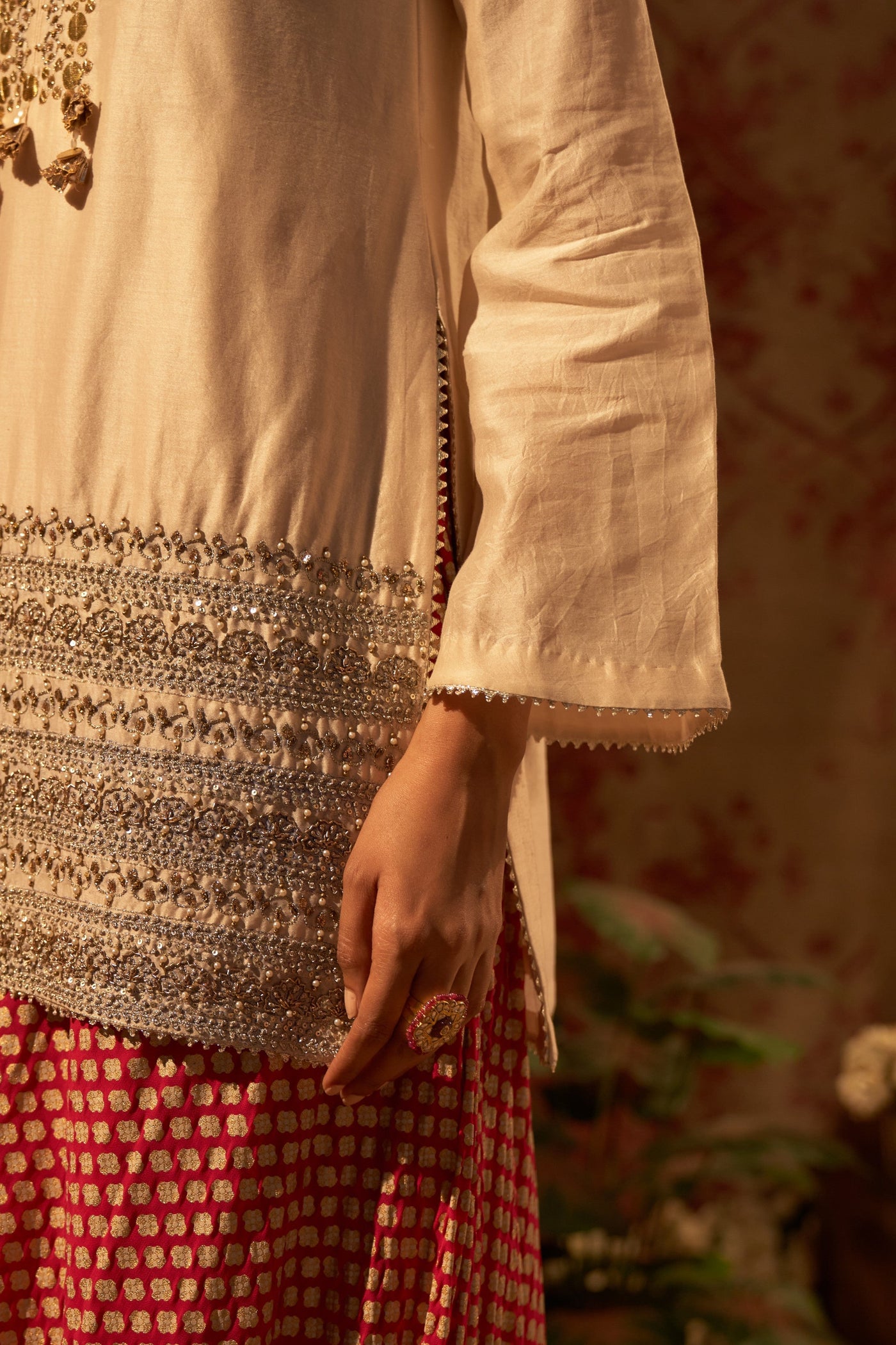 Beige Embroidered Kurta & Mogra Print Flared Pants