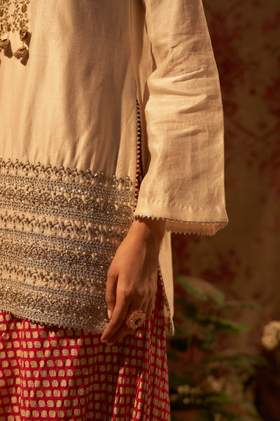 Beige Embroidered Kurta & Mogra Print Flared Pants