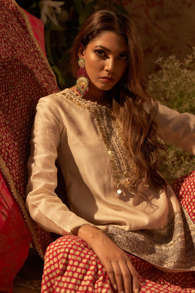 Beige Embroidered Kurta & Mogra Print Flared Pants