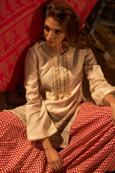 Beige Embroidered Kurta & Mogra Print Flared Pants
