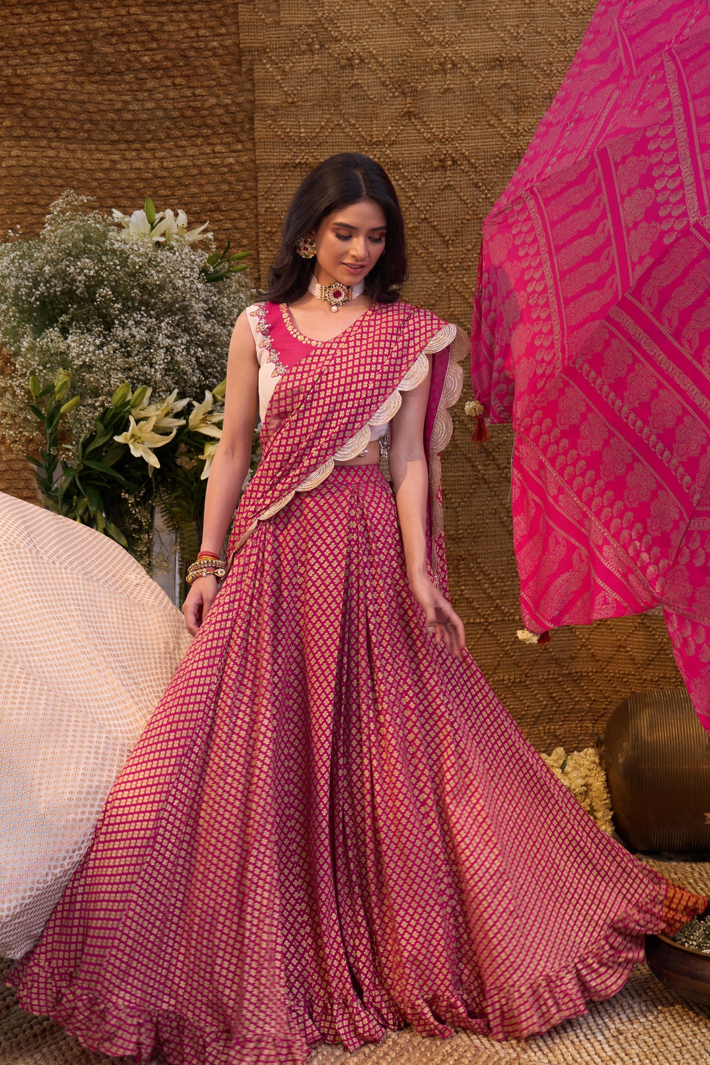 Rani Pink Printed Pre-Pleated Saree Set