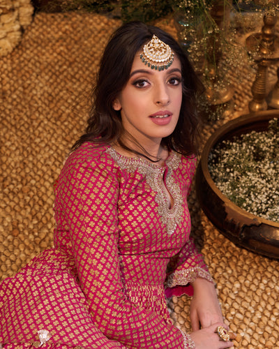 Rani Pink Mogra Print Front Key Neck Peplum Sharara Set