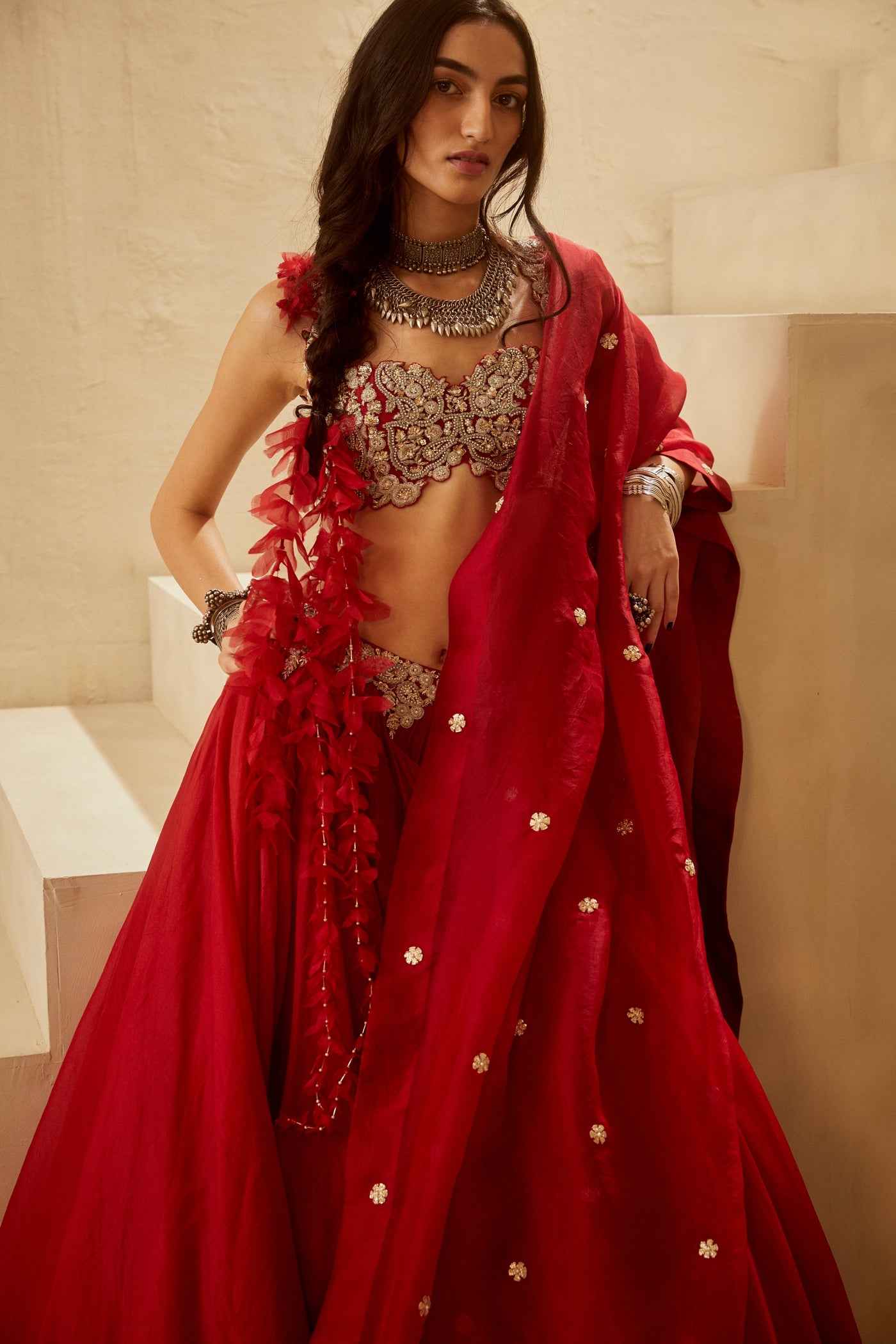 Red Ambi Jaal Lehenga