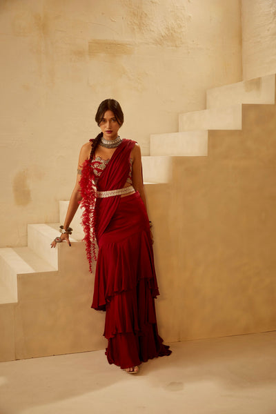 Red Cutwork Bustier Saree