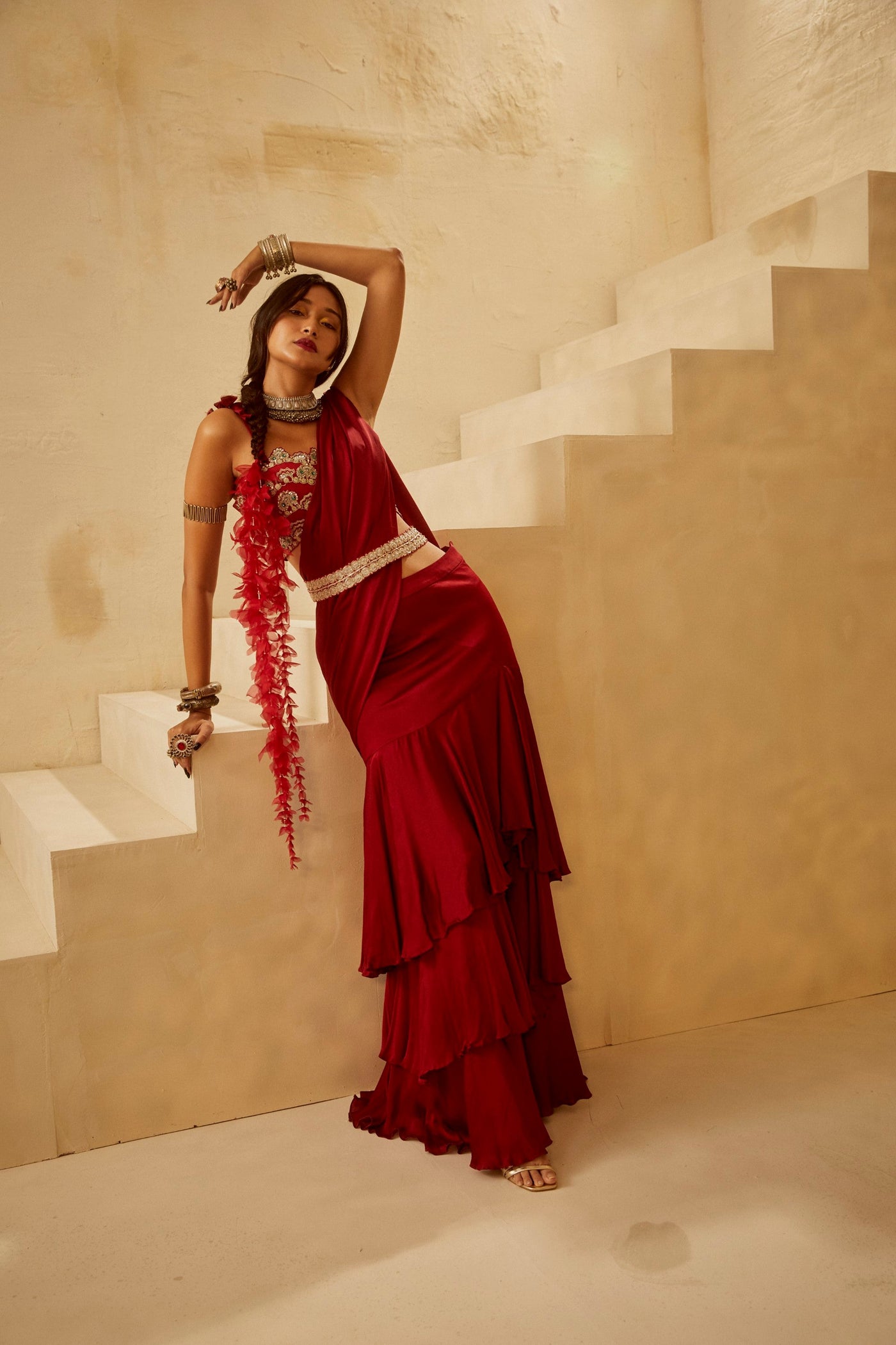 Red Cutwork Bustier Saree