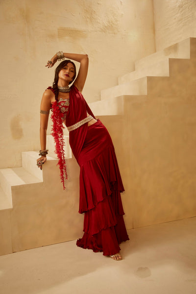 Red Cutwork Bustier Saree
