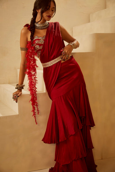 Red Cutwork Bustier Saree
