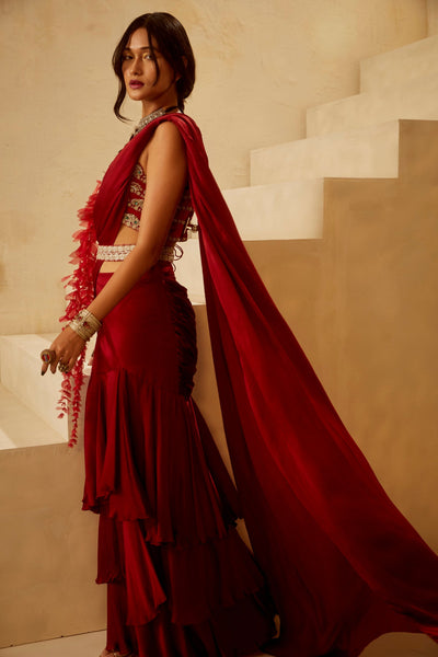 Red Cutwork Bustier Saree