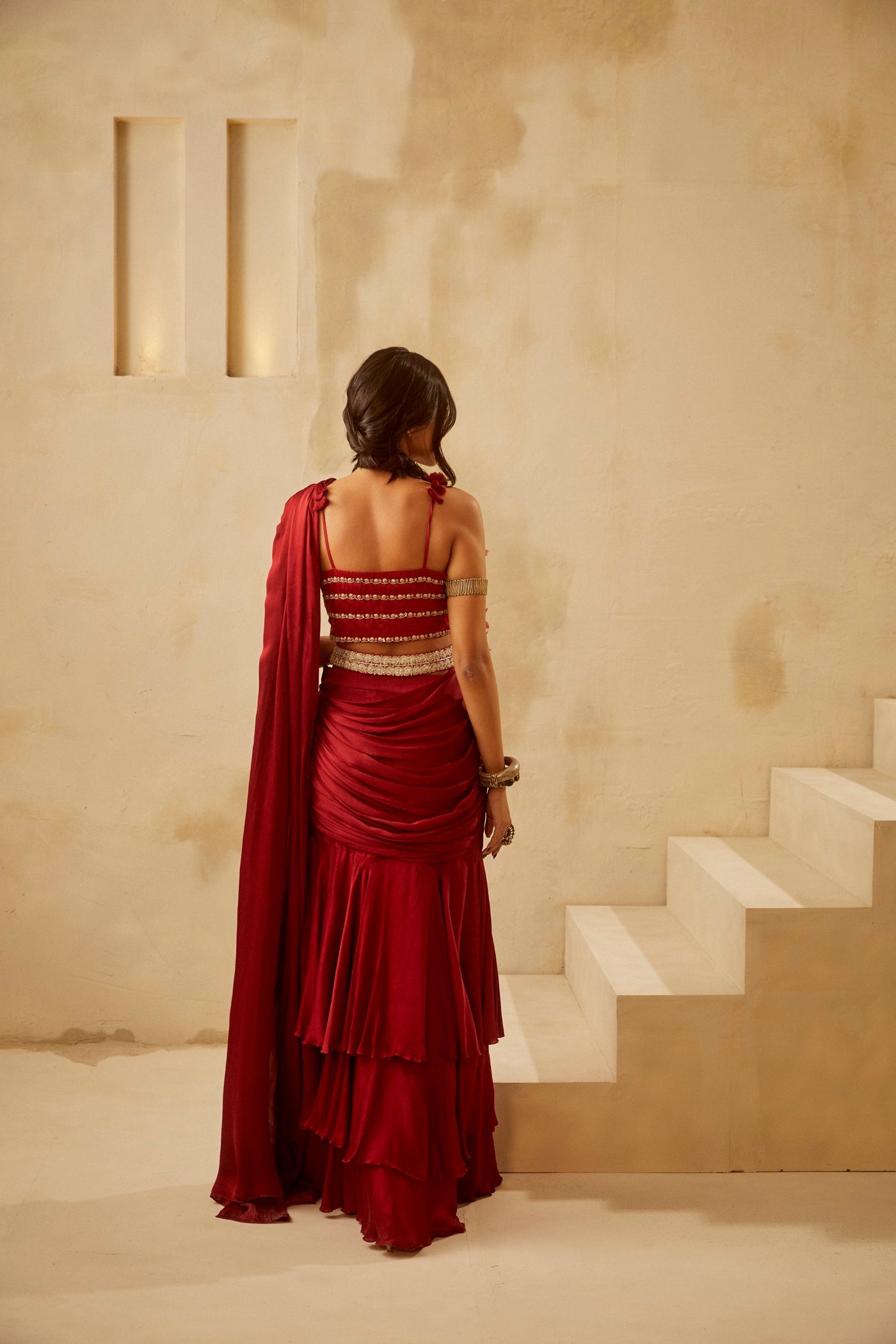 Red Cutwork Bustier Saree