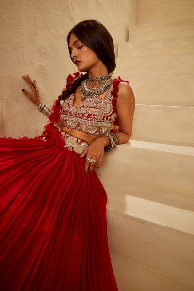 Red Organza Pleated Lehenga