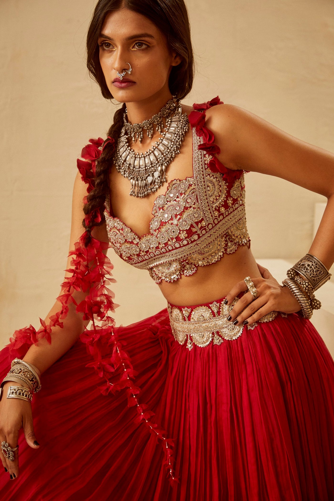 Red Organza Pleated Lehenga