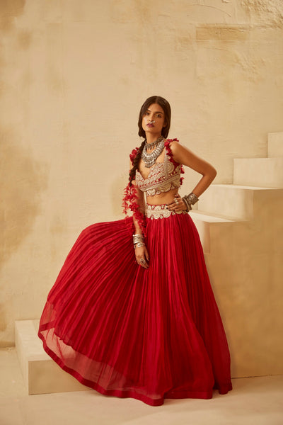Red Organza Pleated Lehenga