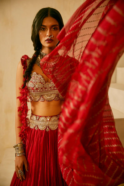 Red Organza Pleated Lehenga