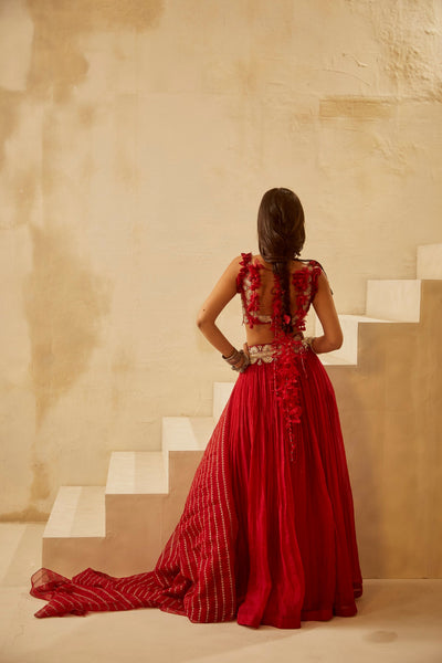 Red Organza Pleated Lehenga