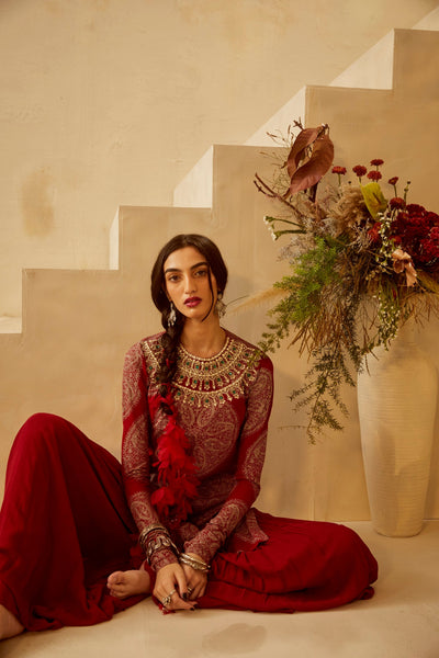 Red Circle Print Kurta Set