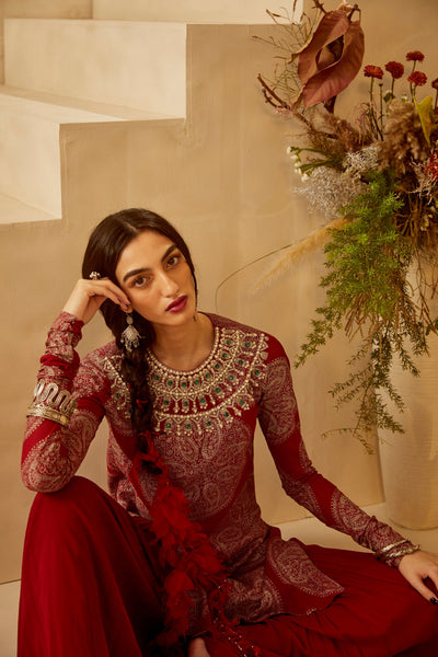 Red Circle Print Kurta Set
