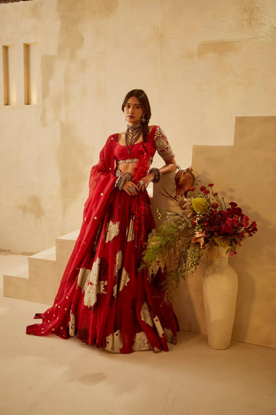 Red Dahlia Organza Lehenga Set