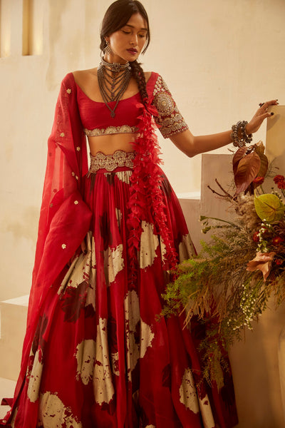 Red Dahlia Organza Lehenga Set