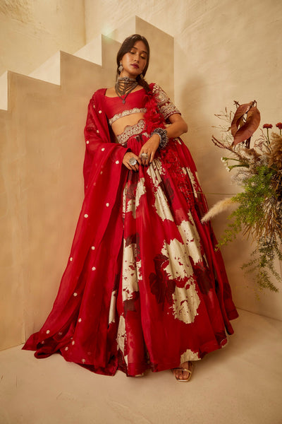 Red Dahlia Organza Lehenga Set