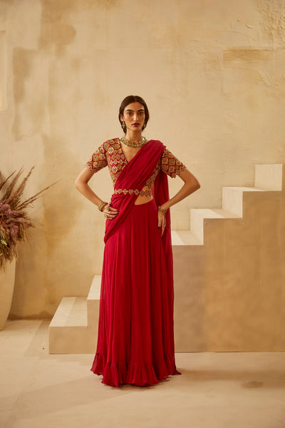 Red Zoya Pleated Saree