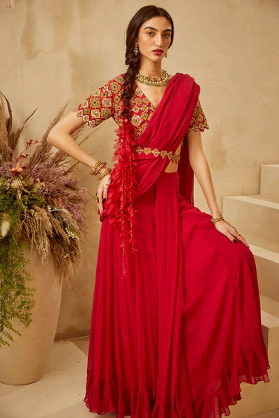 Red Zoya Pleated Saree