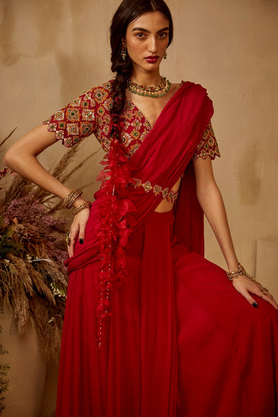 Red Zoya Pleated Saree