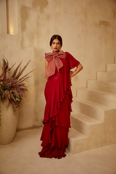 Red Bow Blouse Ruffle Saree