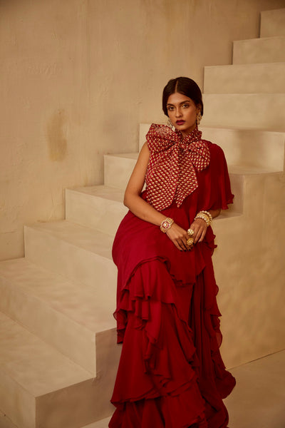 Red Bow Blouse Ruffle Saree
