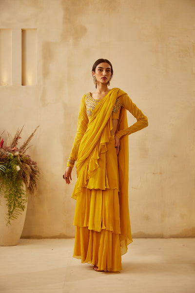 Yellow Pre-Stitched Layered Saree