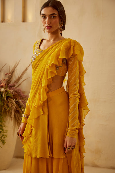 Yellow Pre-Stitched Layered Saree